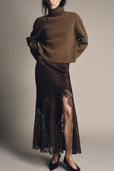 Cozy Sweet Darling Satin Lace Patchwork Mid Rise Slit Maxi Skirt