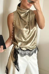 Nayla Satin Lace Trim High Neck Irregular Slit Hem Sleeveless Top
