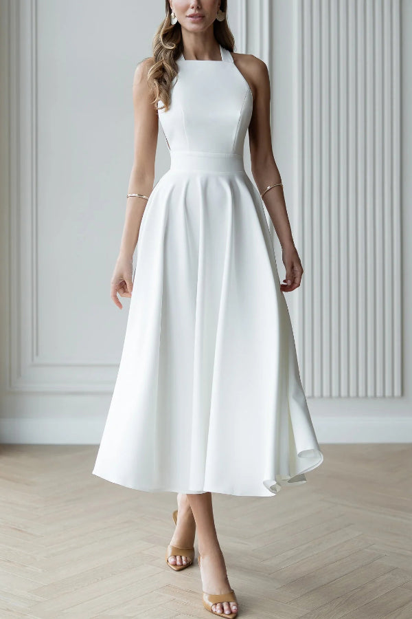 Solid Color Halter Neck Bow Tie Elegant Waist-cinching Midi Dress