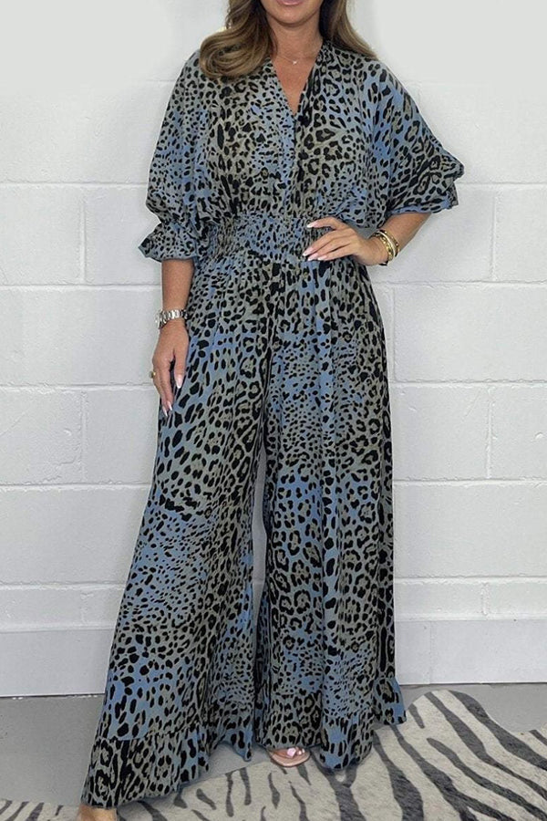 Leopard Print Casual V-neck Short-sleeved Waist Wide-leg Jumpsuit