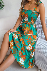 Plant Print Suspenders Pleated Holiday Beach Midi Dress