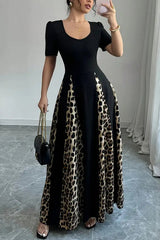 Fashionable Leopard Print Patchwork Slim Short-sleeved Maxi Dress