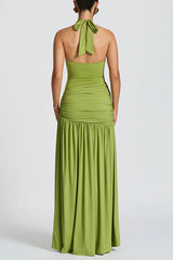 Solid Color Halter Neck Backless Slim Fit Pleated Slit Maxi Dress
