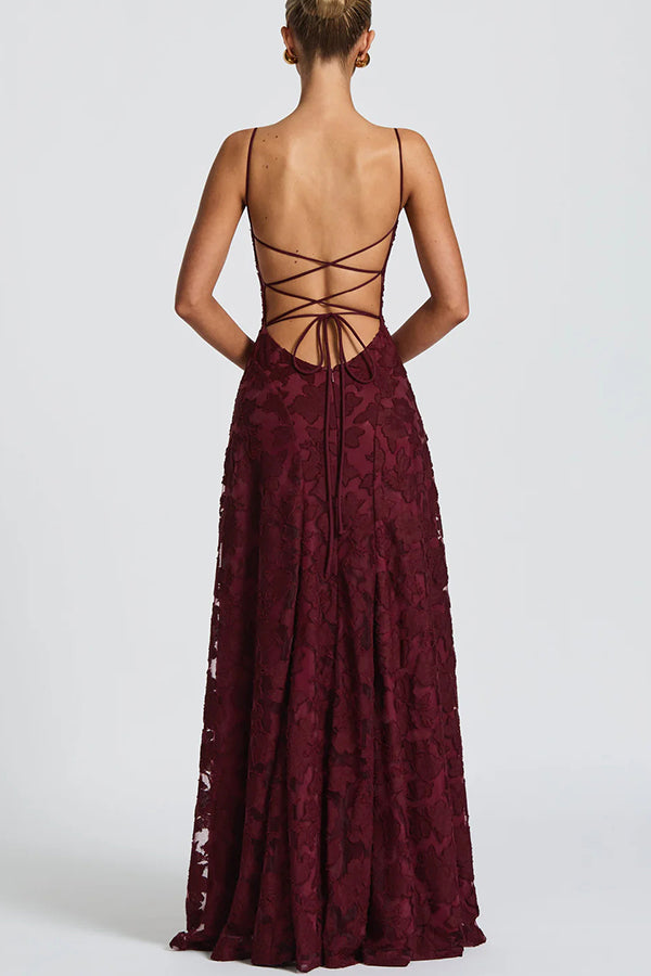 Francis Custom Floral Burnout Fabric Cowl Neck Back Lace-up Maxi Dress