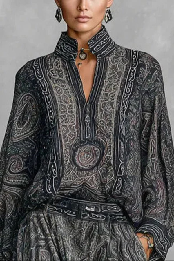 Unique Printed V-neck Long-sleeved Loose Top and Casual Pocket Wide-leg Pants Set