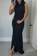 Fashionable Metallic Embellishments Pleated Sleeveless Slim-fit Maxi Dress