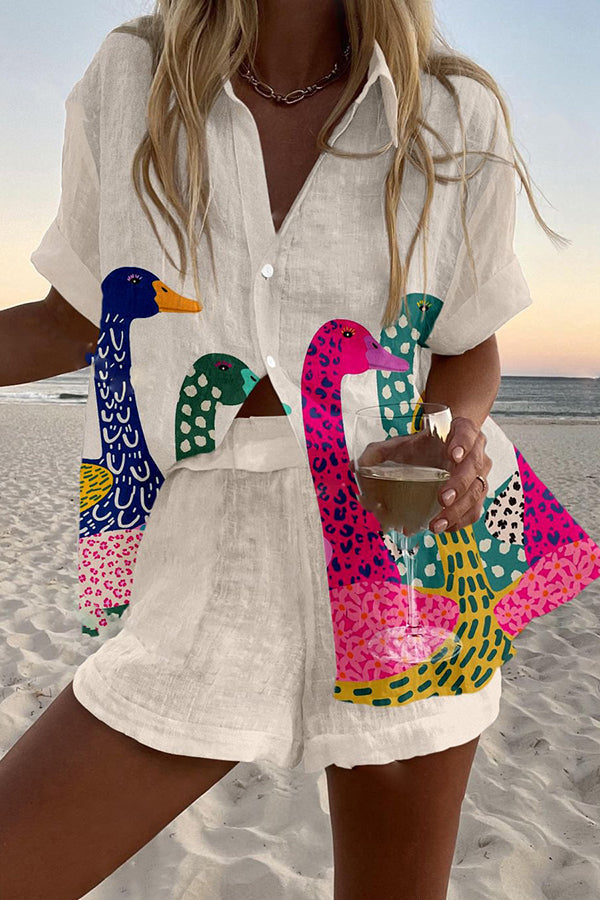 Colorful Duck Print Loose Button Elastic Waist Shorts Set