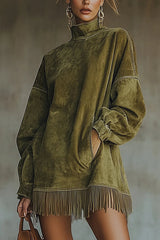 Stylish Suede High-neck Long-sleeved Loose-fitting Pockets Tassel Mini Dress