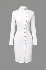 Solid Color Stand Collar Metal Button Slim Midi Dress