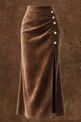 Stylish Suede High-wsted Pleated Casual Slit Midi Skirt