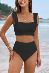 Floral Print Ruffled Two-piece Stretch Bikini Swimsuit and Elegant Gauze Scarf Set