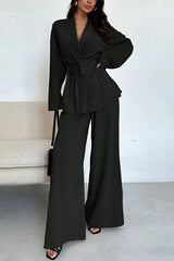 Solid Color Collared Long-sleeved Tie-wst Loose Top and Elastic Wst Casual Wide-leg Pants Set