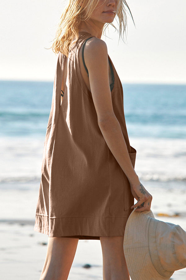 Solid Color Casual Round Neck Sleeveless Pocket Loose Rompers