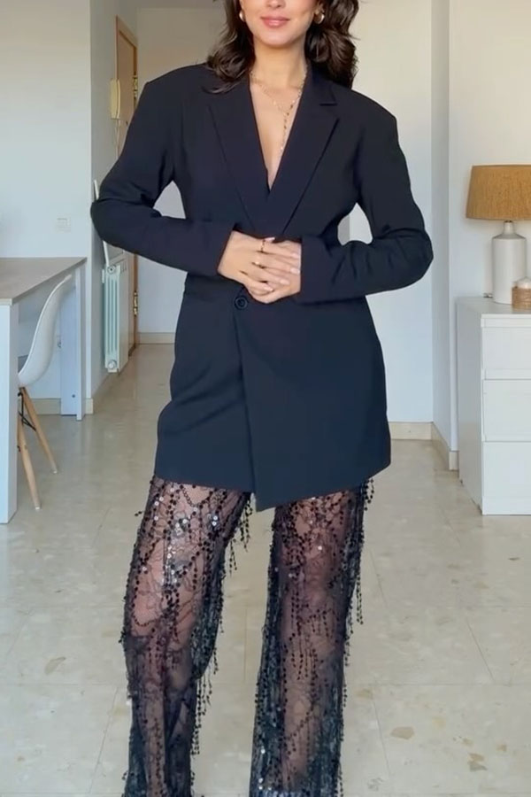 Yulissa Layered Sequin Tassels Mid Rise Stretch Wst Wide Leg Pants