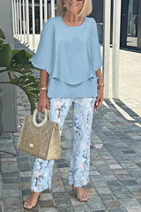 Fashion Round Neck Half Sleeve Loose Top and Elastic Waist Casual Straight Pants Set