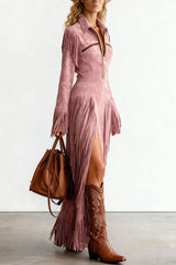 Stylish Suede Tassel Long-sleeved Slim-fit Maxi Dress