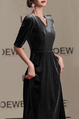 Solid Color Velvet V-neck Fitted Waist Short Sleeve Elegant Maxi Dress