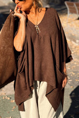 Fashion V-neck Loose Pocket Mid-length Knitted Poncho Sweater