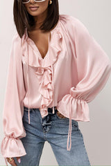 Satin Solid Color V-neck Tie Ruffle Casual Shirt
