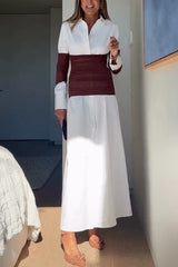 Fashionable Pleated Contrast Patchwork Waist Long Sleeve Button Shirt Maxi Dress