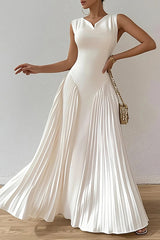 Solid Color Sleeveless Slim Fit Pleated Full Hem Maxi Dress