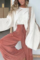 Solid Color Hollow Loose Round Neck Bat Sleeve Knitted Sweater