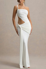 Sexy One-shoulder Backless Ribbon Pleated Slim Maxi Dress