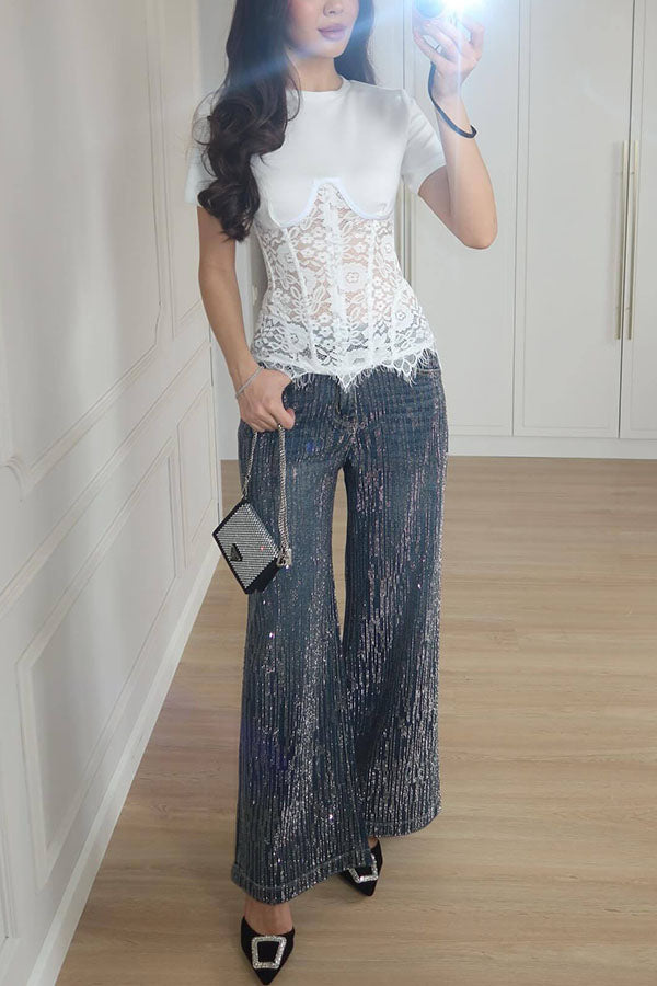 Deelia Lace Fishbone Short Sleeve Back Lace-up Waisted T-shirt