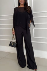 Vanie Chiffon Cape Batwing Sleeve Top and High Waist Pocket Wide Leg Pants Set