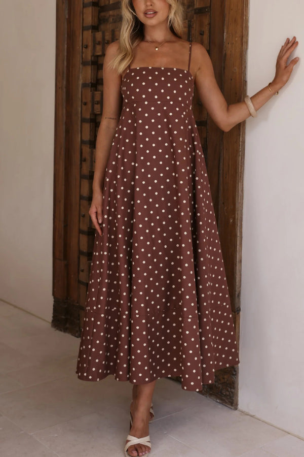 Polka Dot Print Square Neck Suspender Casual Pocket Maxi Dress