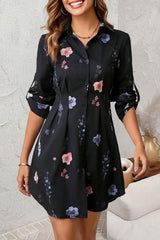 Floral Print Lapel Long Sleeve Button-Down Shirt Mini Dress