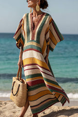 Colorful Striped Print V-neck Slit Holiday Style Midi Dress