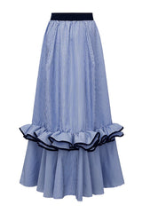 Striped Print Elegant Ruffle Trim Vacation Maxi Skirt