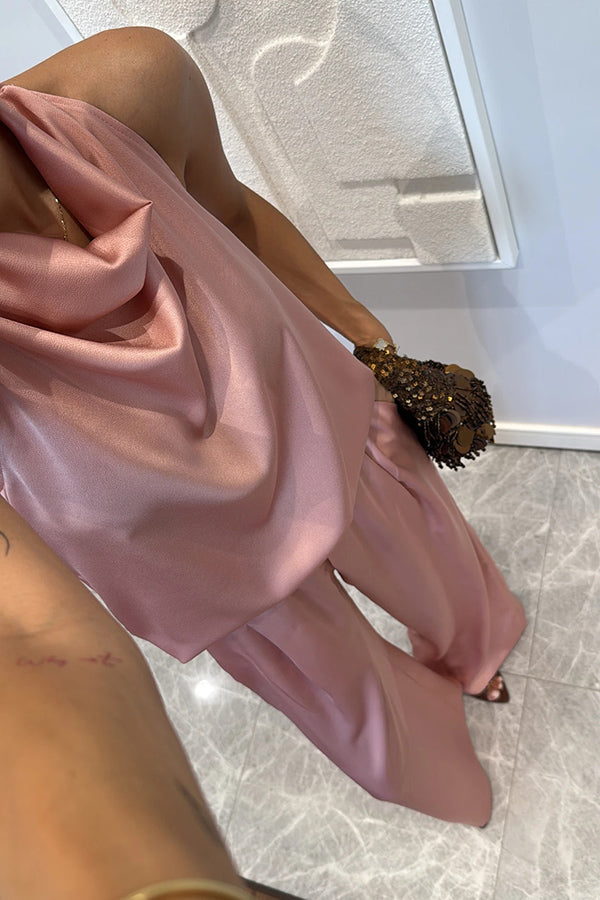 Classic on You Satin High Cowl Neck Top and Elastic Waist Pocket Loose Pants Set