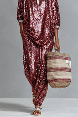 Holiday Honey Sequin Striped Trim Half Sleeve Loose Shirt and Elastic Waist Pocket Wide Leg Pants Set