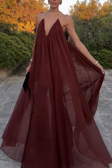 Flowing Lightweight Chiffon Chain Halter Neck Detail Backless A-line Maxi Dress