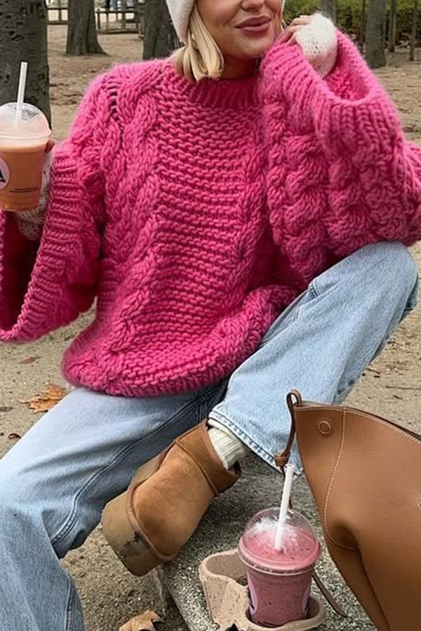 Solid Color Loose Round Neck Long Sleeve Casual Knitted Sweater
