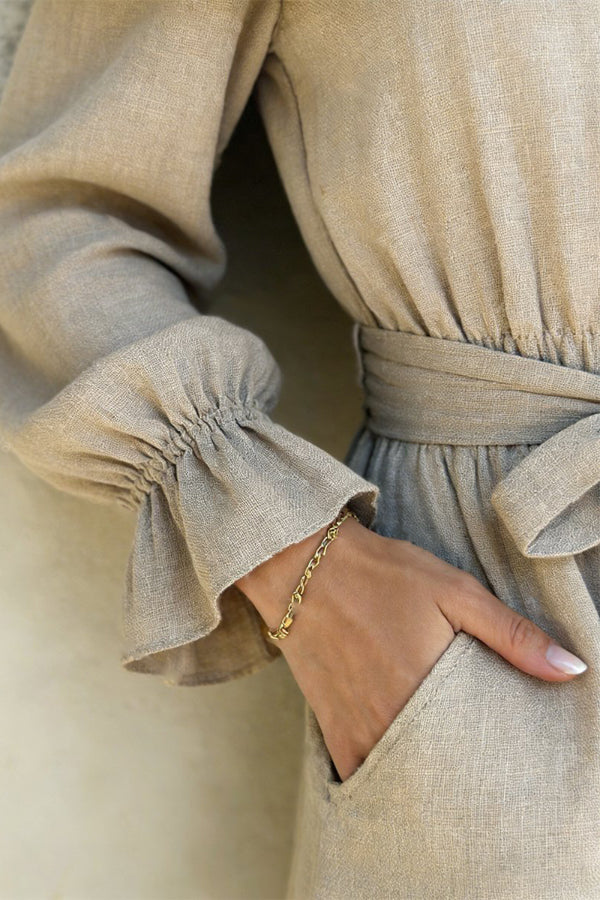 Linen Blend Off-shoulder Tie-up Casual Pocket Ruffle Mini Dress