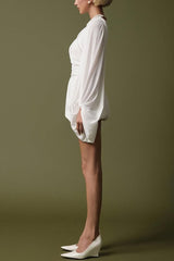 Solid Color Round Neck Lantern Long Sleeve Pleated Casual Mini Dress