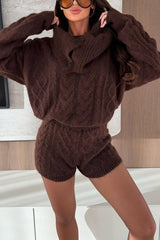 Diviano Cabble Knit Button Scarf Long Sleeve Sweater and Stretch Mini Shorts Set（3 Pieces）
