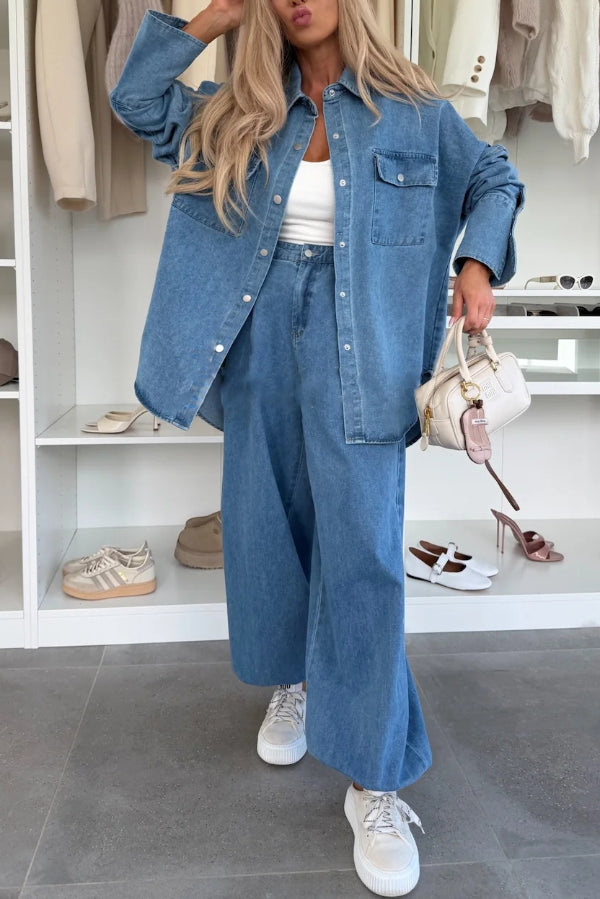 Stylish Denim  Button Down Long Sleeve Pocket Oversized Blouse