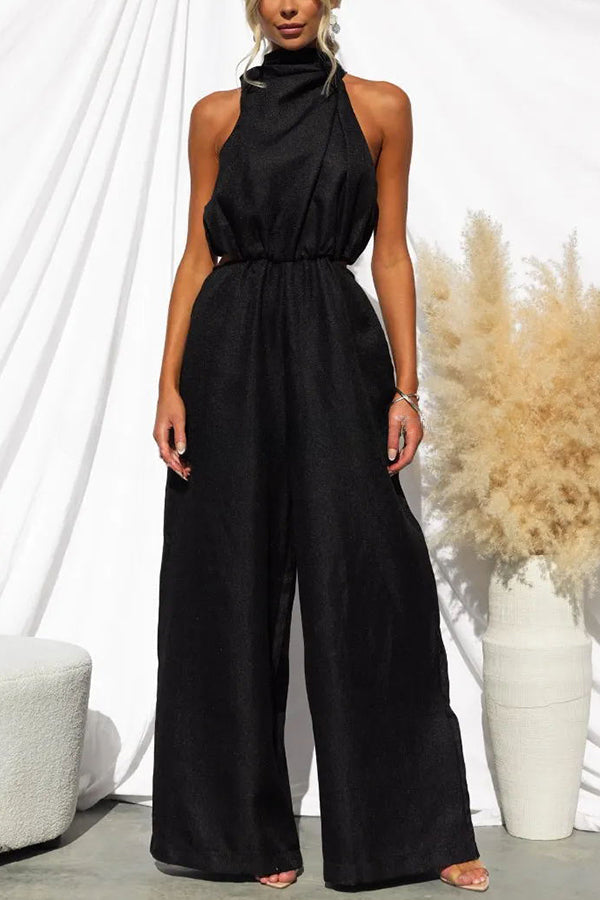 Elyssa High Neck Cutout Elastic Waist Pocketed Wide Leg Jumpsuit