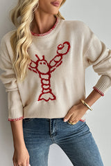 Fashion Lobster Pattern Round Neck Long Sleeve Loose Knitted Sweater