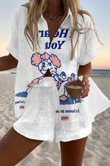Unique Print Loose Button Elastic Waist Shorts Set