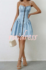 Fashionable Patchwork Suspender Zipper Slim Denim Mini Dress