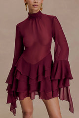 Fashionable Chiffon Long-sleeved Ruffled Slim-fit Mini Dress