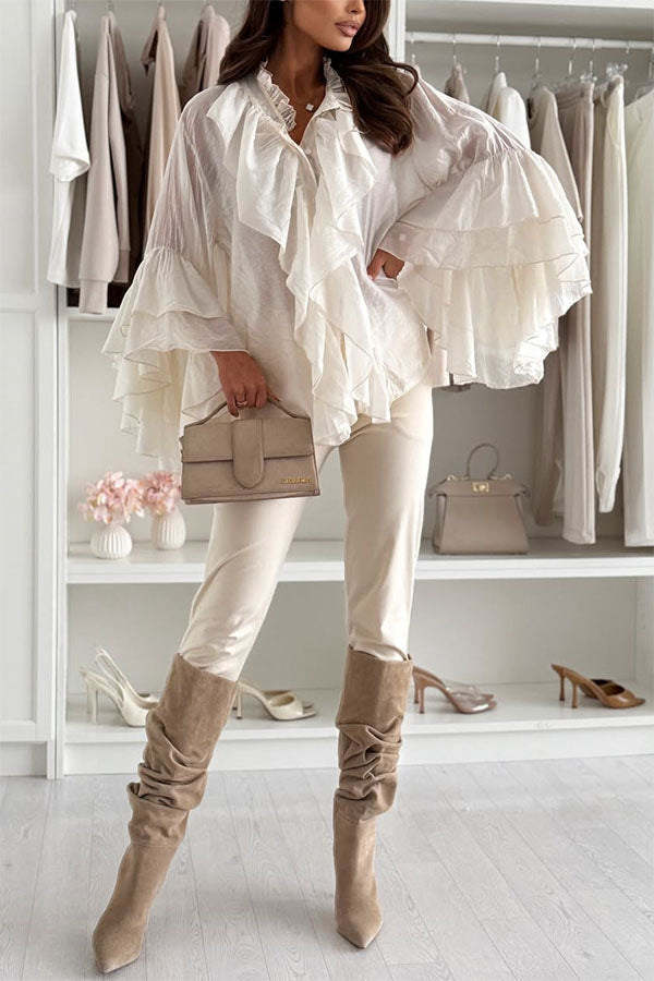 Breezy Touch Chiffon Layered Ruffles Long Bell Sleeve Button Up Loose Blouse