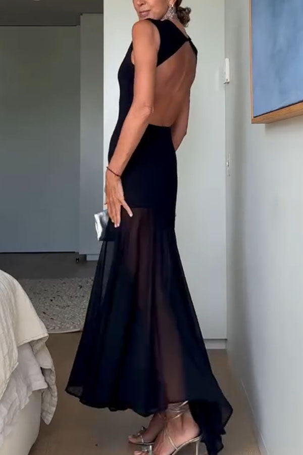 Alice Open Back Asymmetrical Tulle Hem Stretch Maxi Dress