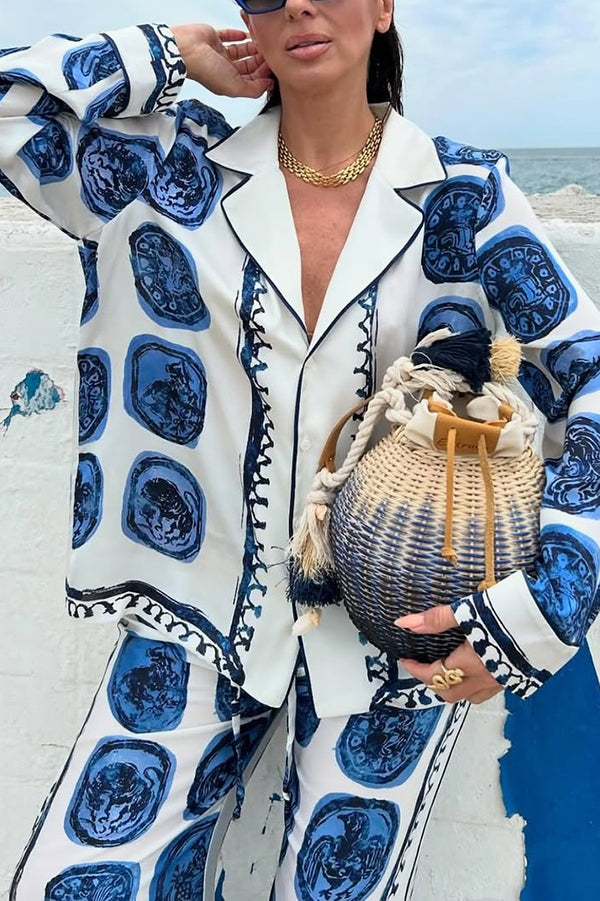 Unique Print Lapel Long Sleeve Shirt and Elastic Waist Wide Leg Pants Set