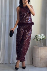 Gala Goddess Sequin Faux Fur Trim Crew Neck Sleeveless Loose Top